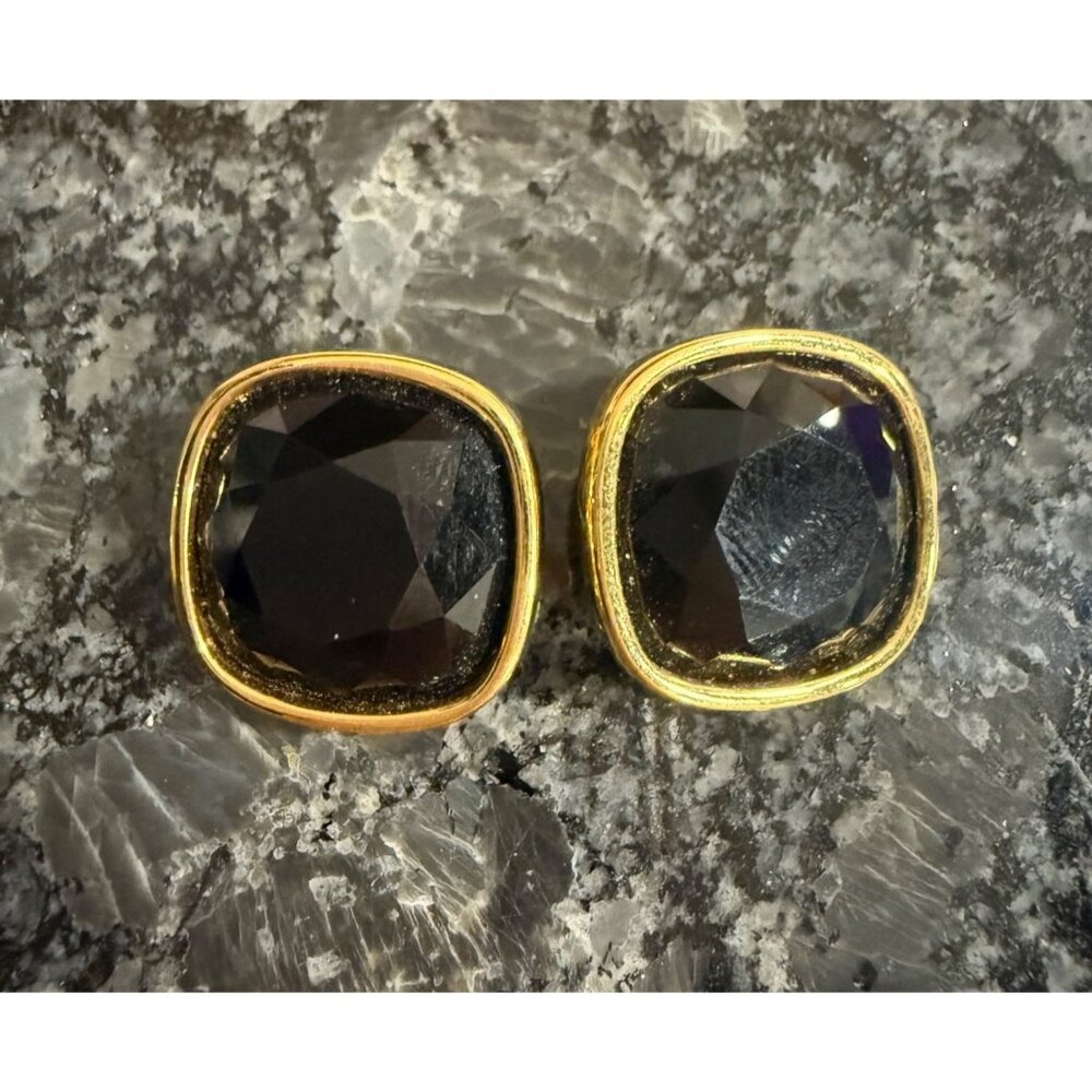 S.A.L Swarovski Vintage Gold-Tone Clip-On Earrings  Faceted Black Glass Stones